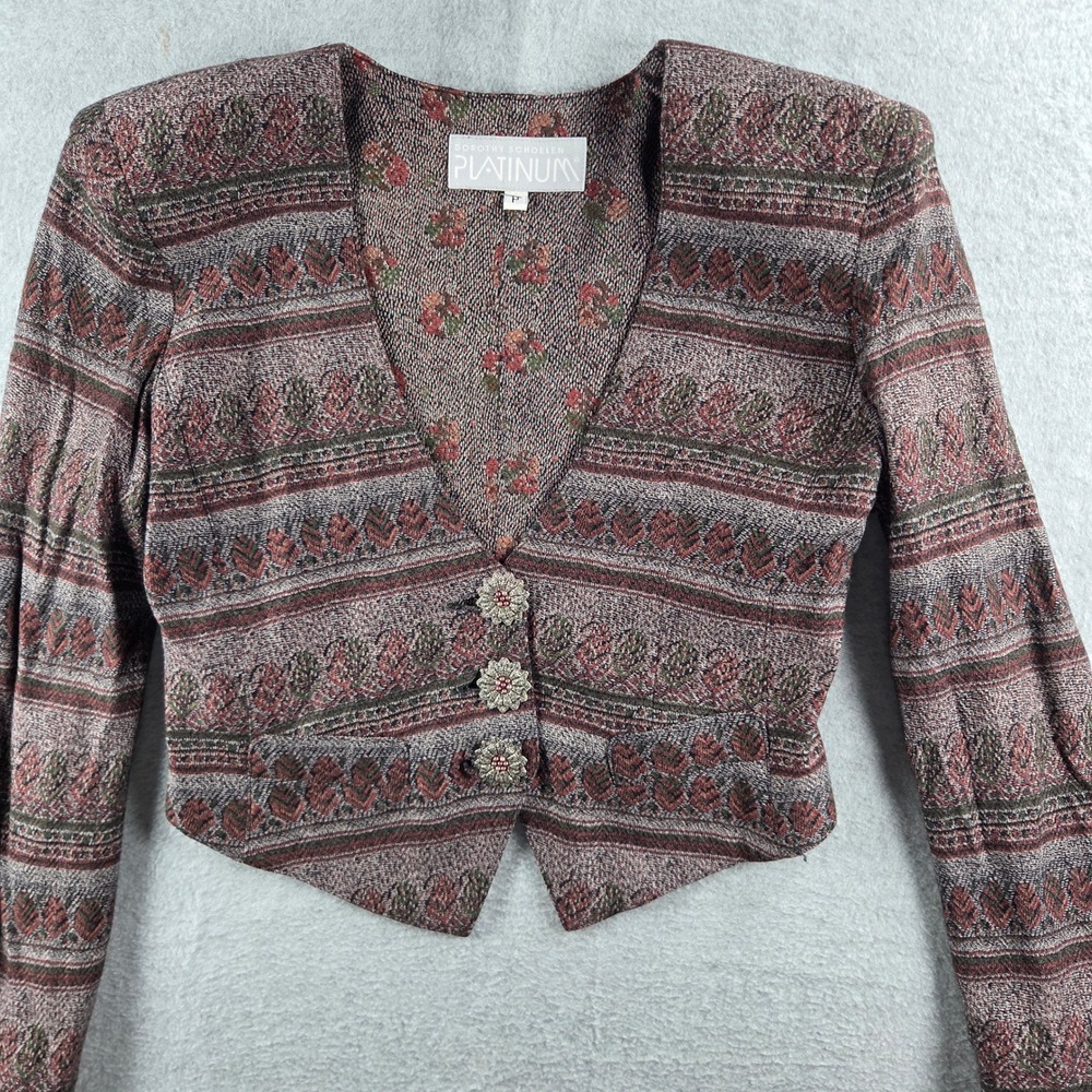 Dorothy Schoelen Platinum Cropped Blazer Women P Multi Tapestry Vintage Floral